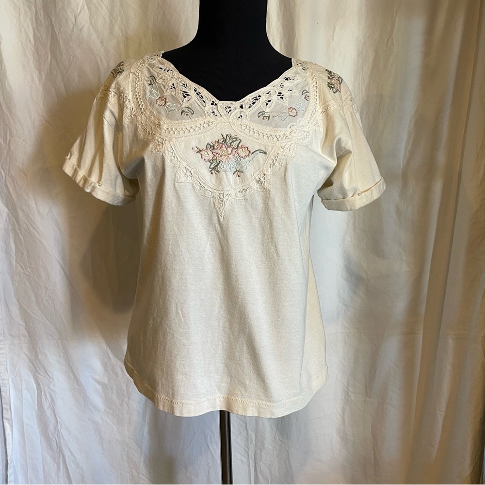 Vintage cottagecore lace and embroidered t-shirt.